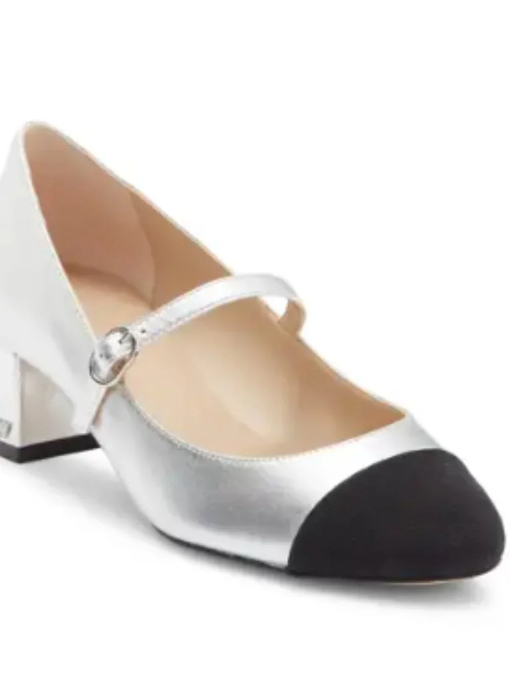 Stuart Weitzman Silver Mary Jane Pumps with Black Cap Toe 8.5